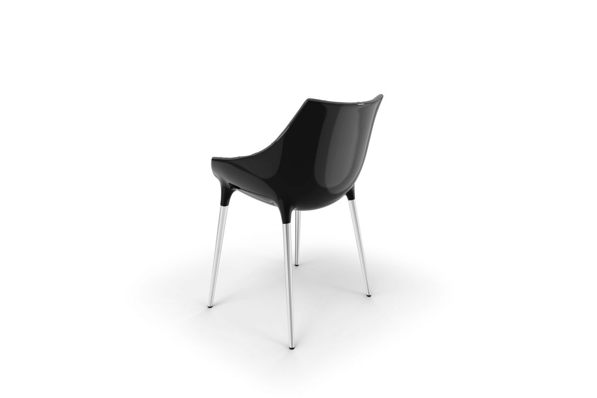 Chaise design avec coque noir avec finition brillante et 4 pieds en acier chromé