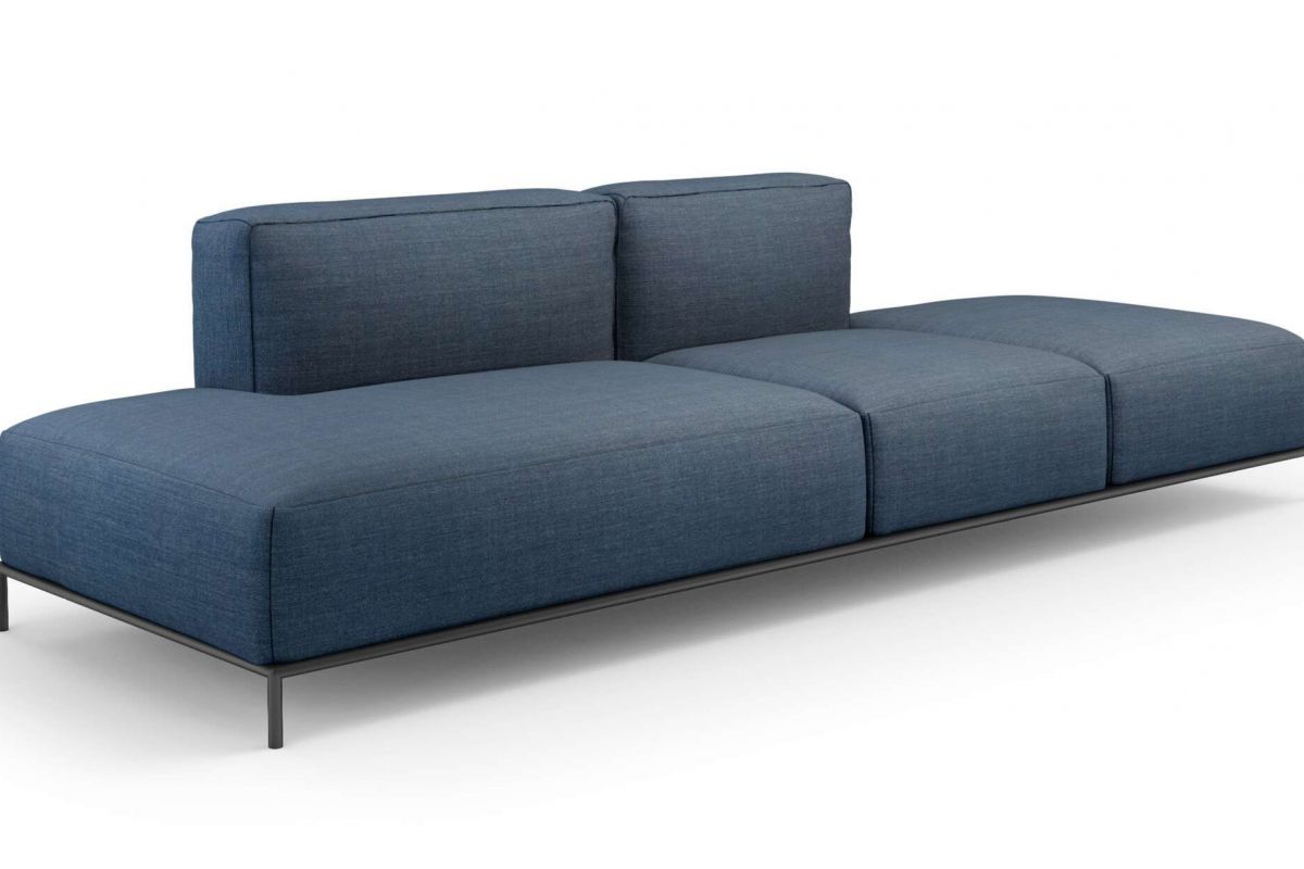 Canapé design 3 places, en tissu bleu marrine structure en métal pein anthracite, sans accoudoirs