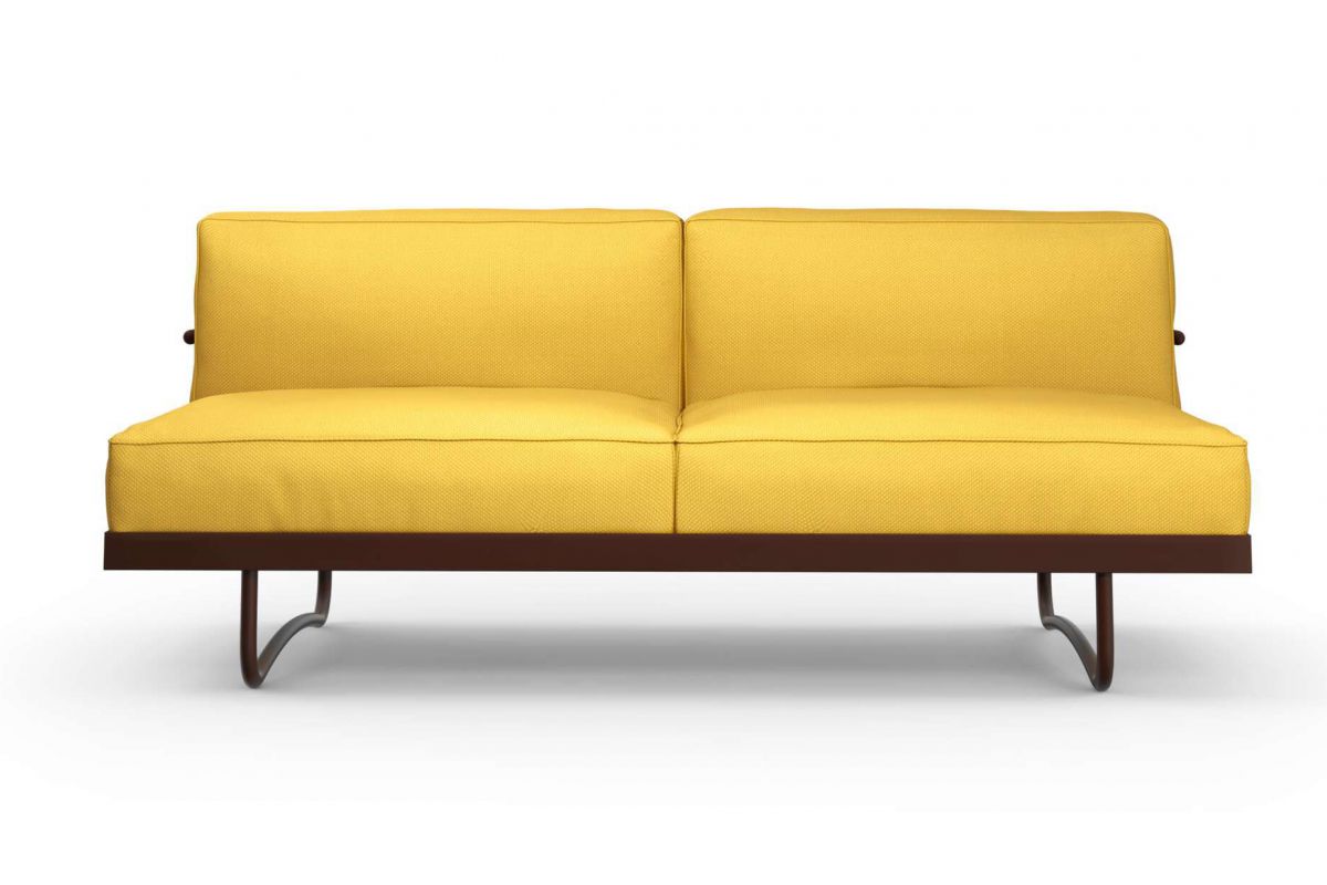 Canapé design et confortable en tissu jaune en structure peinte en marron, face avant