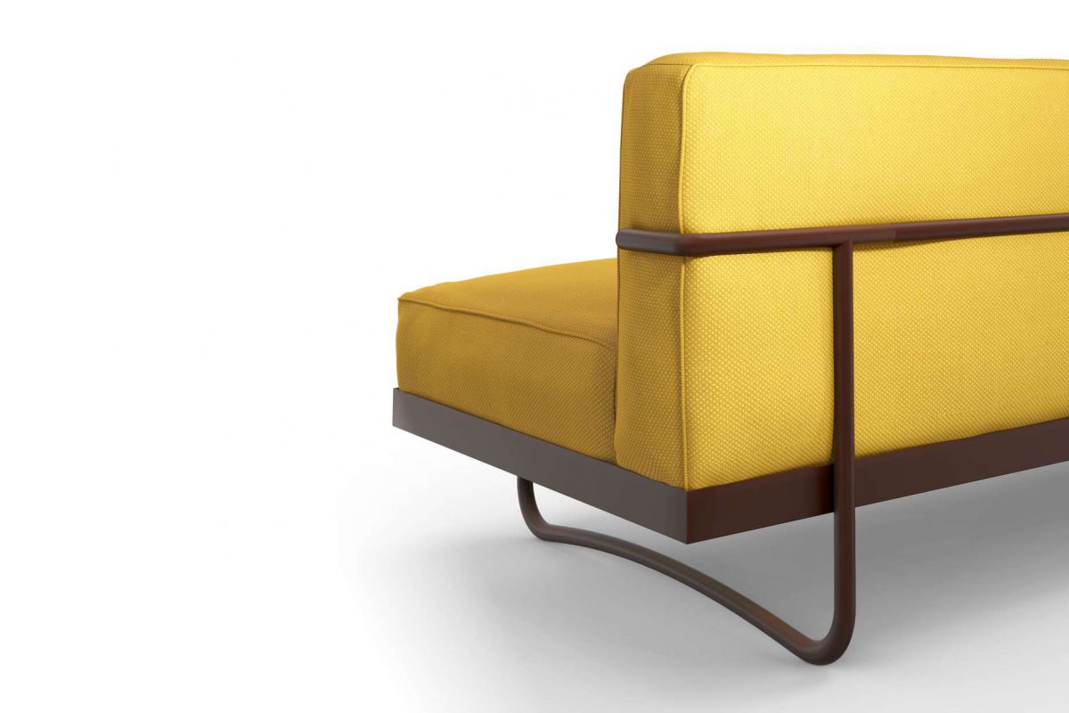 Canapé design et confortable en tissu jaune en structure peinte en marron, détail 