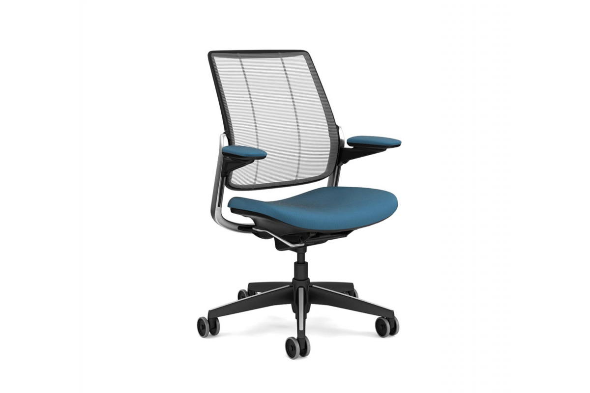 Siège de bureau ergonomique avec assise bleu et pieds en aluminium HUMANSCALE SMART Profil
